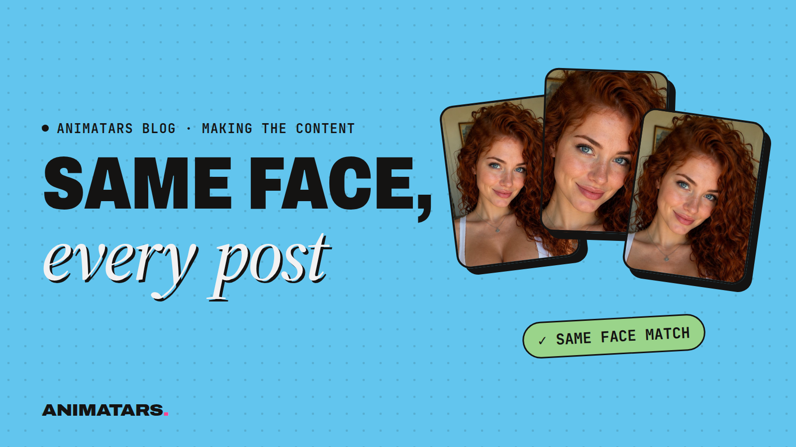A grid of nine photos of the same AI-generated woman in different rooms, with matching guide lines over her eyes, nose and jaw
