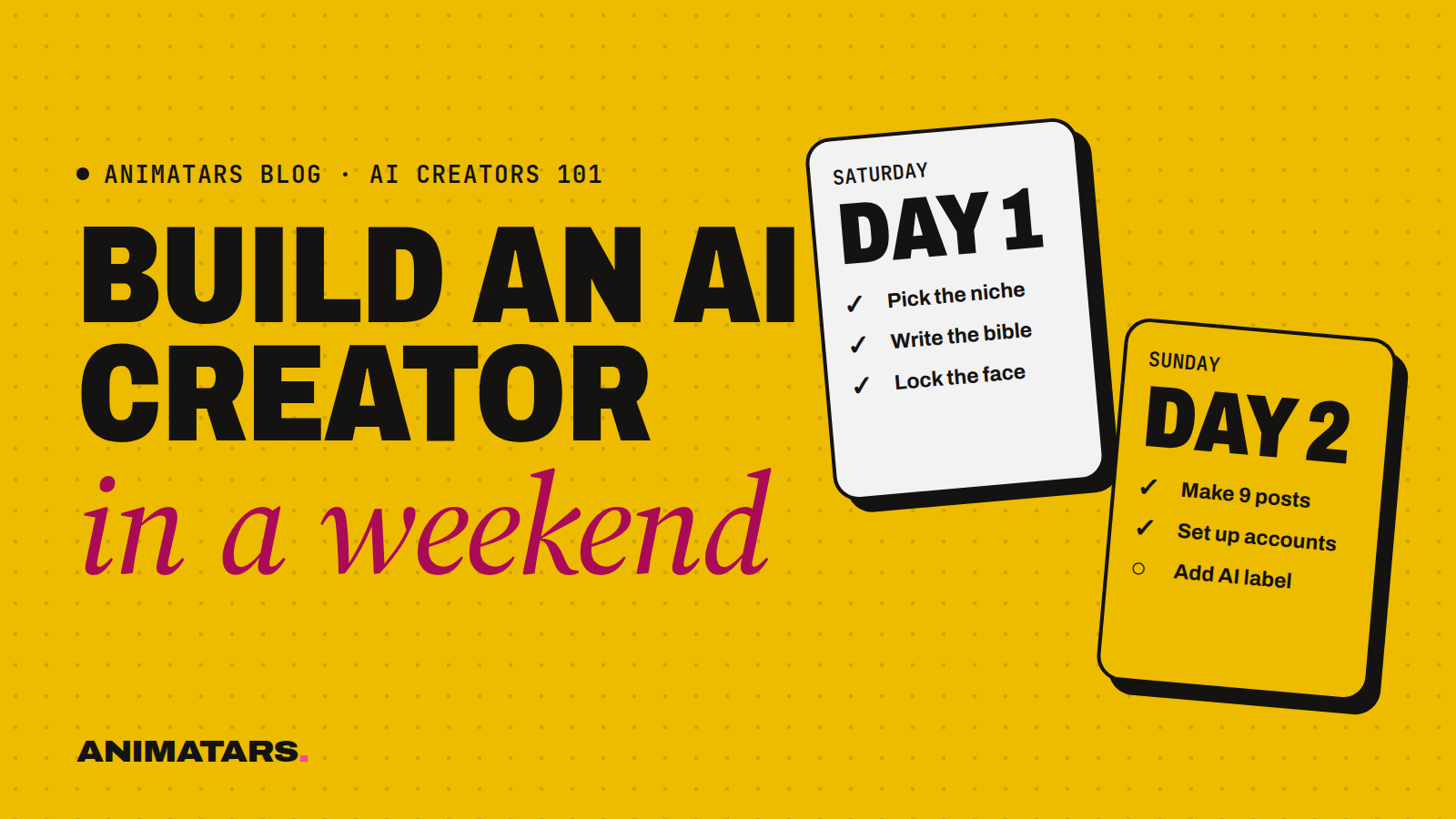 A weekend planner split into Saturday and Sunday columns with sticky notes for niche, face, captions and launch